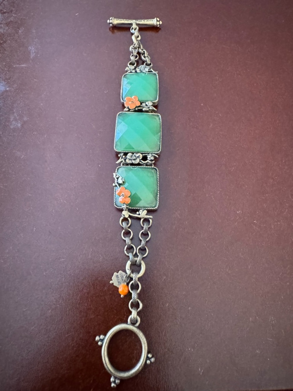 Vintage Lucky Brand Green Faceted Stone & Orange Flower Gold Tone Bracelet - Picture 3 of 11